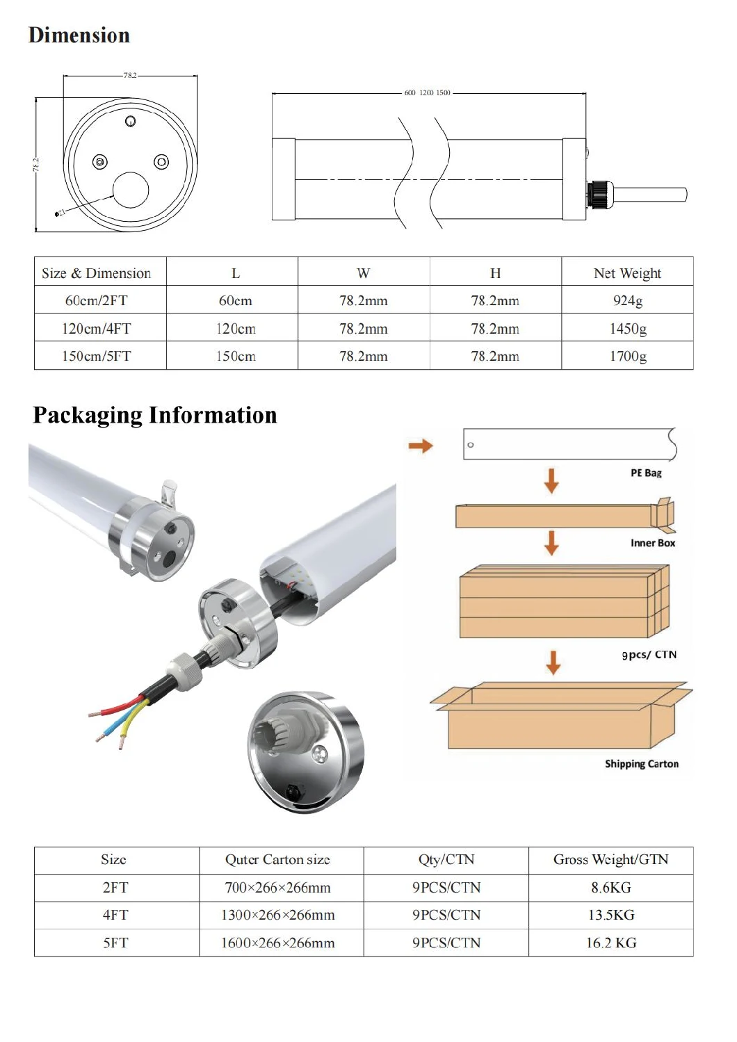 Triproof Waterproof Lamp IP66 Dustproof LED Batten Light OEM H6-2-1200